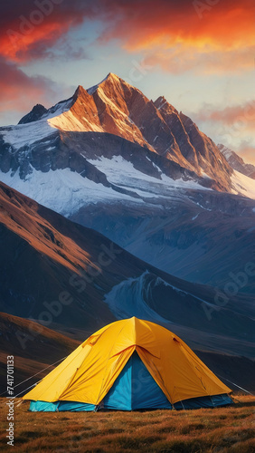 Beautiful early morning camping view. Dolomites sunrise landscape with an orange trekking tent