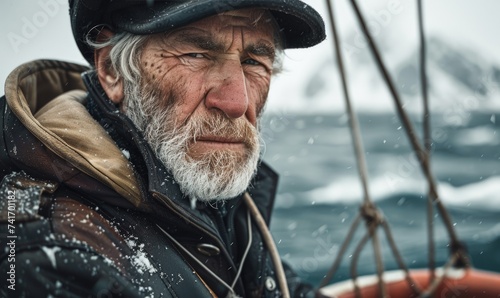 An elderly man with a skipper's beard wearing captain's cap. Fishing schooner in the North Sea