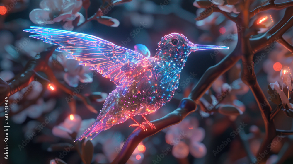 Fototapeta premium A stunning digital representation of a hummingbird illuminated with neon lighting effects