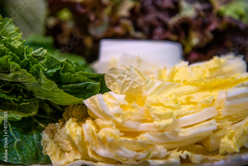 View of the vegetables of napa cabbage and lettuce on the plate