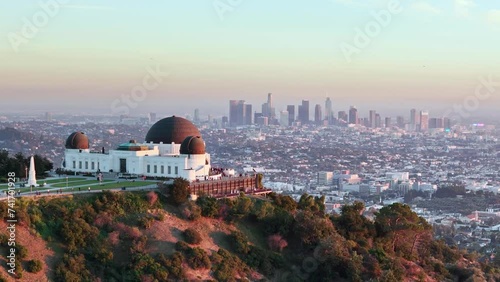 Aerial drone Los Angeles. Griffith Observatory at sunset. Los Angeles landscape. California landmark, travel destination in America.
