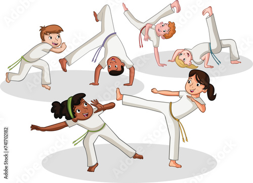 Cartoon kids practicing capoeira movements. Capoeira dancers.   © denis_pc