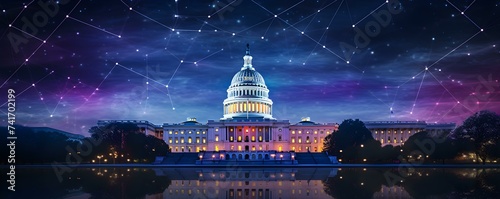 Nighttime view of illuminated Capitol dome in Washington DC with social media hologram. Concept Washington DC, Capitol dome, Nighttime view, Illuminated, Social media hologram photo