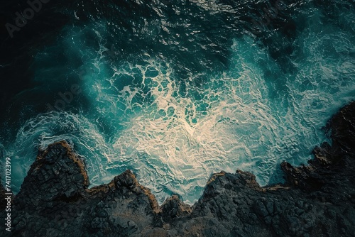 Aerial View of a Vast Ocean With Rolling Waves, Illuminating aerial portrayal of a sunlit sea contrasted against dark rocks, AI Generated