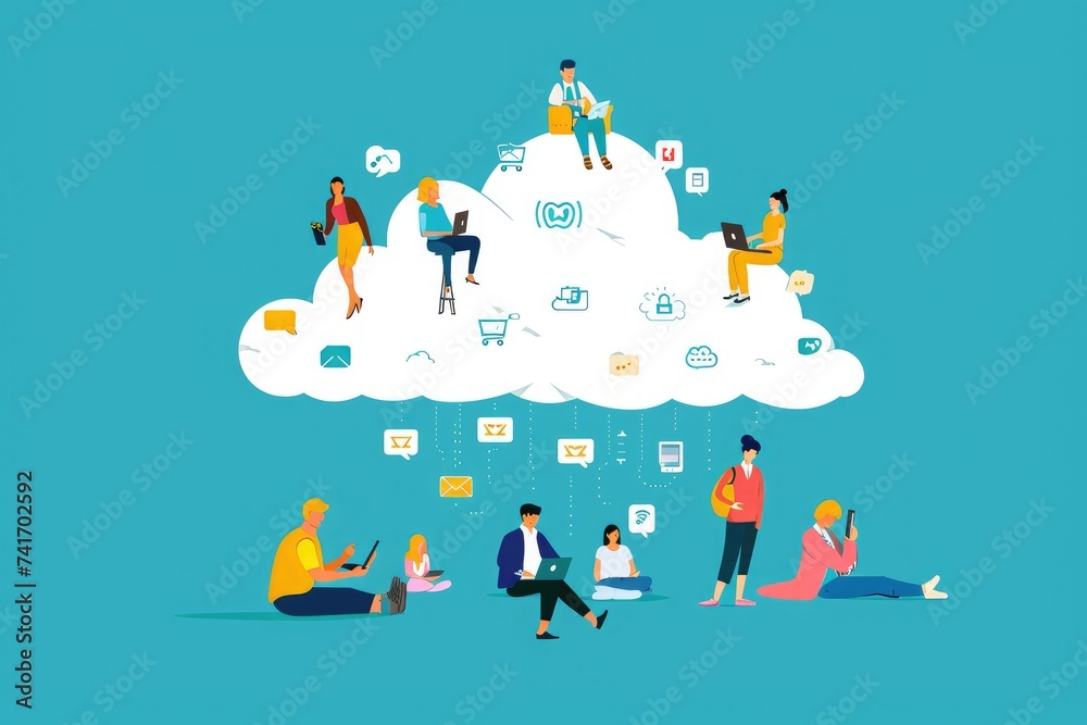 A group of individuals sitting on a fluffy cumulus cloud, enjoying the view and each others company, Illustrate people storing and accessing their memories in cloud storage, AI Generated