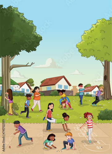 Green grass landscape with cute cartoon kids playing. Sports and recreation.