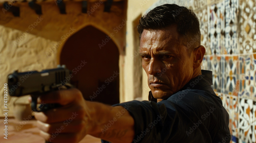 Drug cartel boss is aiming with handgun, mafia fighting Drug cartel boss is aiming with handgun, mafia fighting