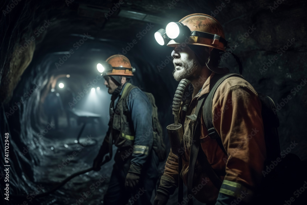Miners Working in a Dark Underground Mine Miners Working in a Dark Underground Mine