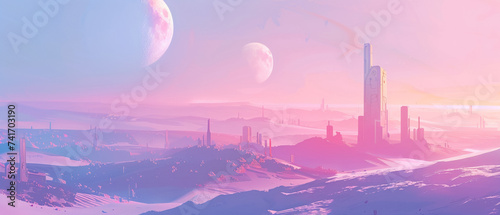 Pastel hued sci fi city on a distant planet Sun and moon hang low in the sky casting long shadows Minimalist design photo