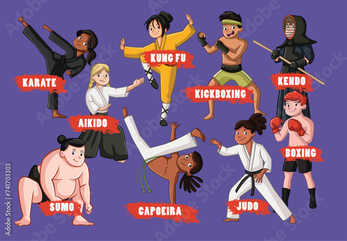 Cartoon kids doing Martial arts. Teenager fighters in fighting poses. 
