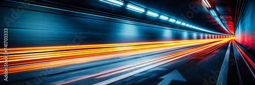 Dynamic night scene on a busy highway, capturing the fast-paced movement of cars with light trails in a modern urban landscape