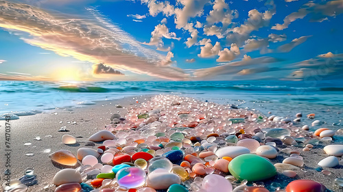A dreamlike glass beach scene featuring vibrant, colorful stones, meticulously rendered in photo-realistic techniques. The richly colored skies, blending sky-blue and white, create a mesmerizing natur