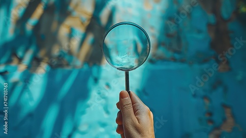 Discovery Delight: Hand Holding Magnifying Glass on Blue Background