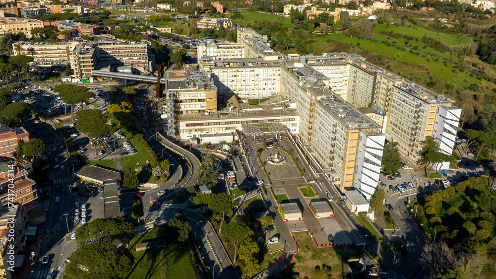 Aerial view of the Gemelli University Hospital located in Rome, Italy. It is a large general hospital and serves as the teaching hospital for the medical school of the Cattolica University.