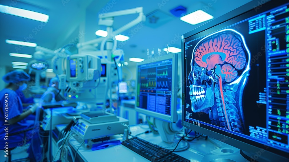 Team of Professional Scientists Work in the Brain Research Laboratory. Neuroscientists Surrounded by Monitors Showing CT, MRI Scans Having Discussions and Working on Personal Computers Team of Professional Scientists Work in the Brain Research Laboratory. Neuroscientists Surrounded by Monitors Showing CT, MRI Scans Having Discussions and Working on Personal Computers