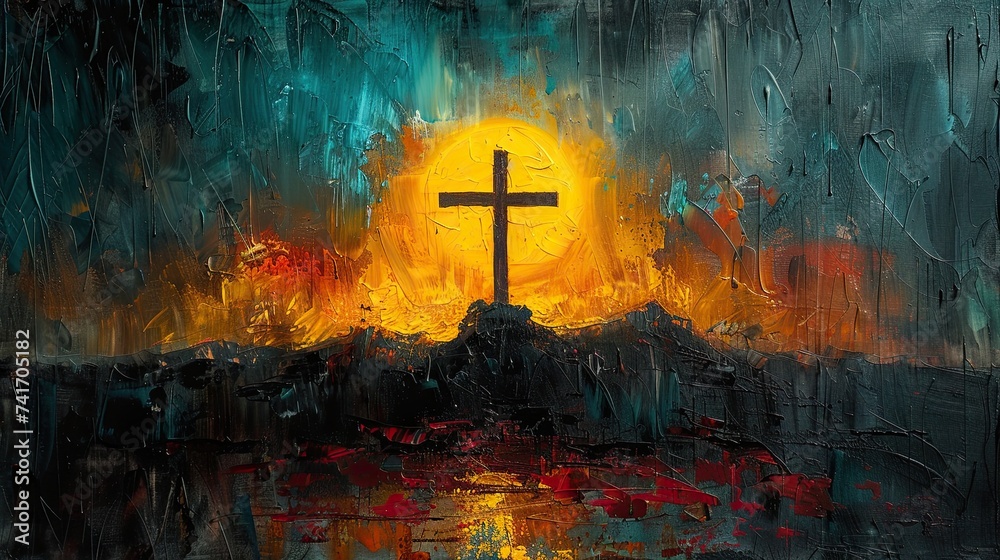 A painting depicting a cross standing atop a hill, with clear skies in the background. The cross is prominently featured against the landscape, symbolizing spirituality and faith