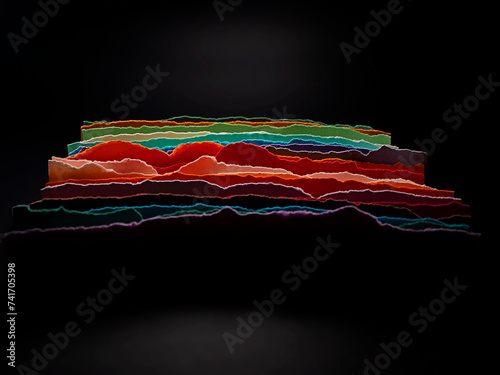 Abstract stack of strips of multi coloured paper against a black background photo