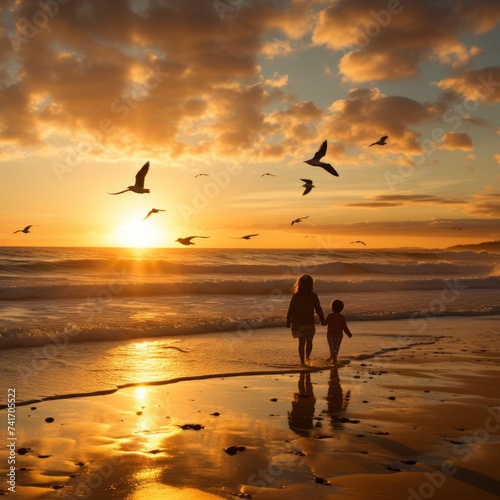 An illustration of a mother and her son walking on the beach at sunset © Adobe Contributor