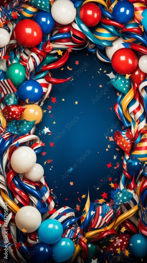 Festive Red White and Blue Balloons and Streamers Frame