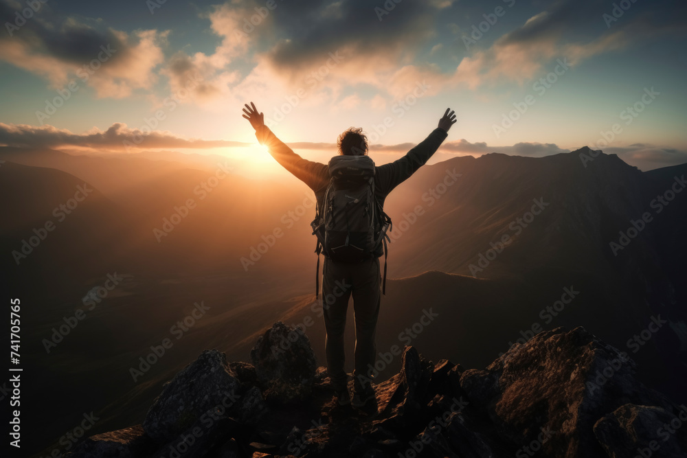 Man with backpack standing with arms raised on mountain peak at sunset