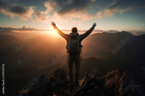 Man with backpack standing with arms raised on mountain peak at sunset