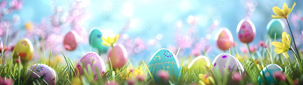 Colorful Eggs Scattered in Grass