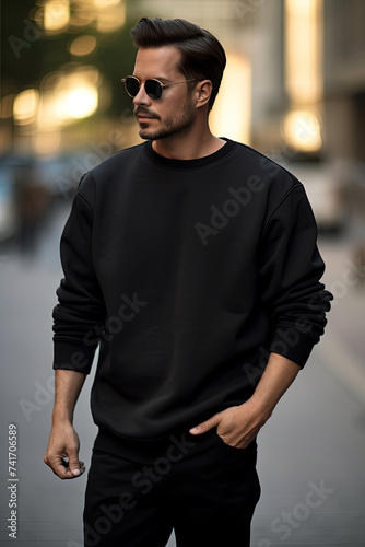 A handsome thirty-year-old caucasian brunette with a beard and mustache, stylish hairstyle, sunglasses, and blank black sweater is standing outside. Mock-up for design. Blank template.