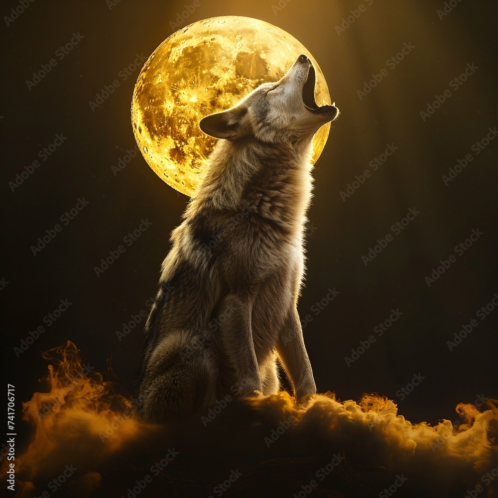 Fototapeta premium Majestic Wolf Howling at the Golden Moon. Generative ai