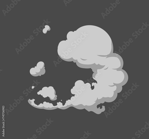 Vector smoke set effects template. Cartoon steam clouds, mist, puff, fog, watery vapor, or dust explosion 2D VFX illustration. Clip art element for game, print, advertising, menu, and web design.