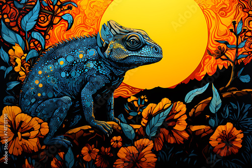 Art life of chameleon in nature background  block print style