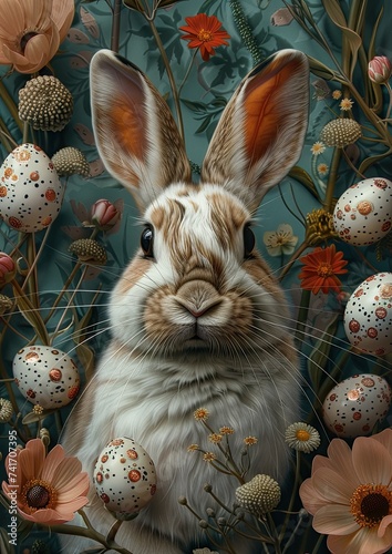 delight of Easter with a bunny in a nest, colorful eggs, and a variety of blooming flowers set against a charming blue wall