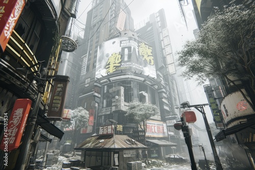 A run-down street in a futuristic city with large buildings and neon signs.