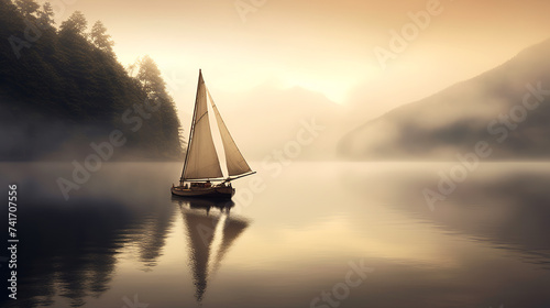 A sailboat drifts in the mist on a serene lake surrounded by fog, creating a tranquil atmosphere