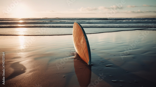 A surfboard sticking out of the sand on a beach, awaiting the next wave to ride