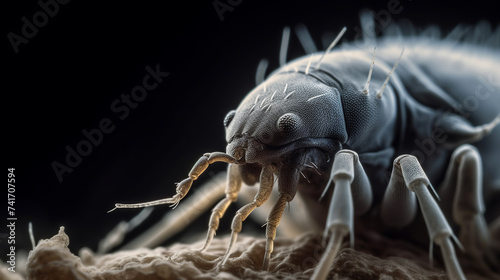 A bed bug on a black background, showcasing its features and size in a focused manner photo