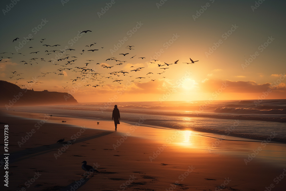 A person strolling on a sandy, empty beach as the sun sets in the background, casting a warm glow