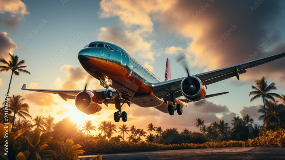 Airplane flying in the sky with palm trees at sunset and water Airplane flying in the sky with palm trees at sunset and water