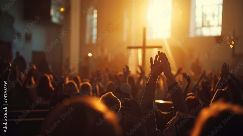 Capturing divine moments: church worship concept Christians, raised hands, earnestly pray and worship to cross in the sacred ambiance of a church building, expressing faith and spiritual connection. - obrazy, fototapety, plakaty 