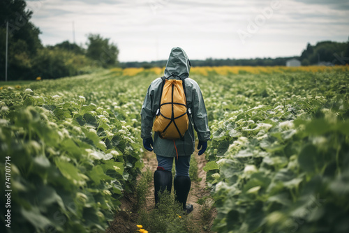A person with a backpack walking through a field of pesticide treated crops