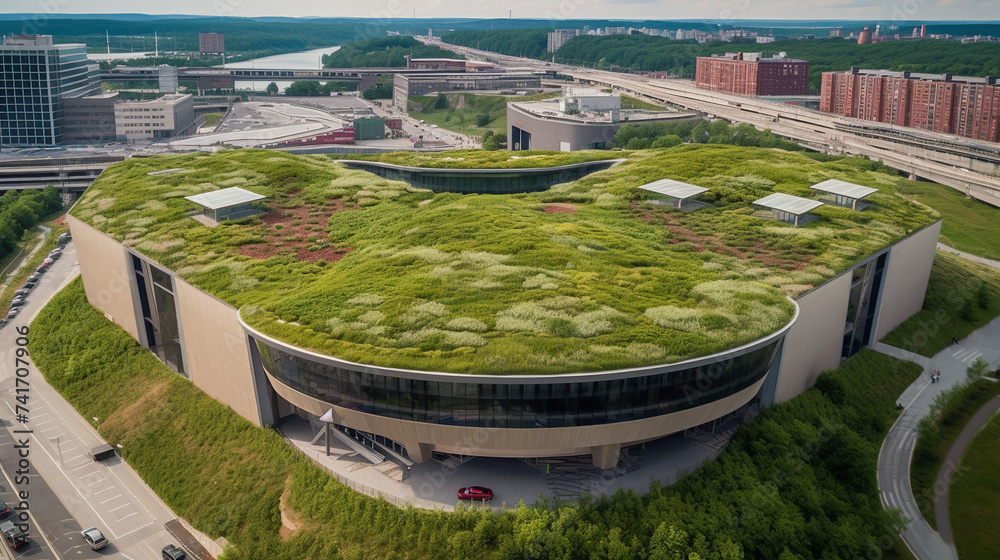 A movie theater with a green roof, adding a touch of nature to the urban environment