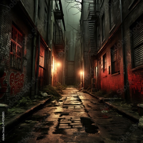 A dark and gloomy alleyway with graffiti on the walls and a single light source in the distance © Molostock