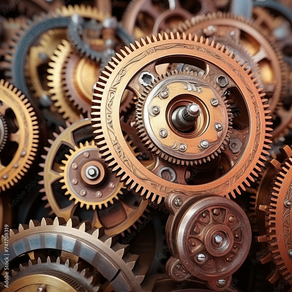 An illustration of a complex machine with many gears. An illustration of a complex machine with many gears.