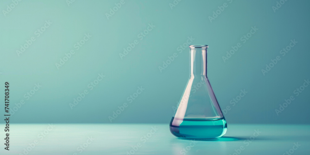 Minimalistic Laboratory Flask with Blue Liquid on Pastel Background Minimalistic Laboratory Flask with Blue Liquid on Pastel Background