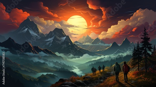 Fantasy landscape with a couple of hikers in the mountains at sunset © Ali