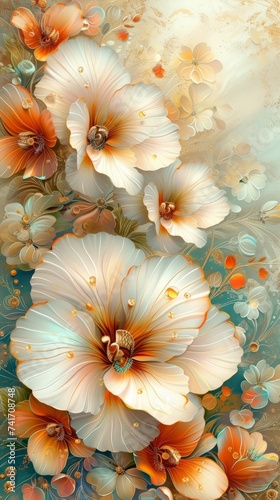 Exquisitely detailed painting of white and orange flowers