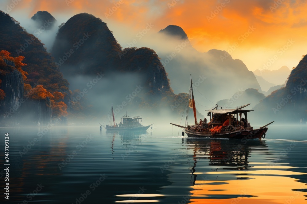 Foggy morning in Halong bay, Vietnam. Landscape with traditional boats - obrazy, fototapety, plakaty 