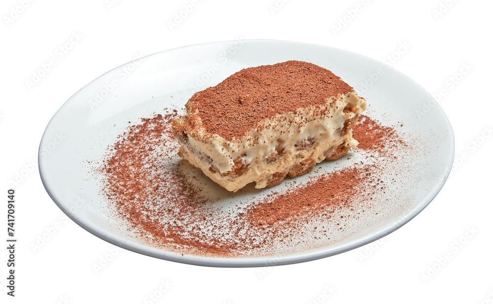 Floating White plate with sweet italian dessert tiramisu
