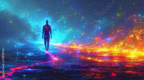 Man walking through a colorful digital landscape