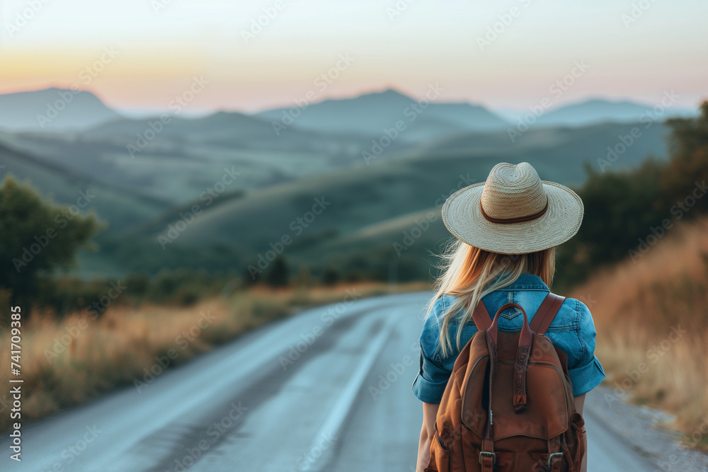 Photo of the back of a girl with a hat backpacking through and empty road