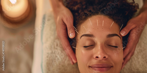 A woman enjoys a calming acupuncture treatment on her face photo